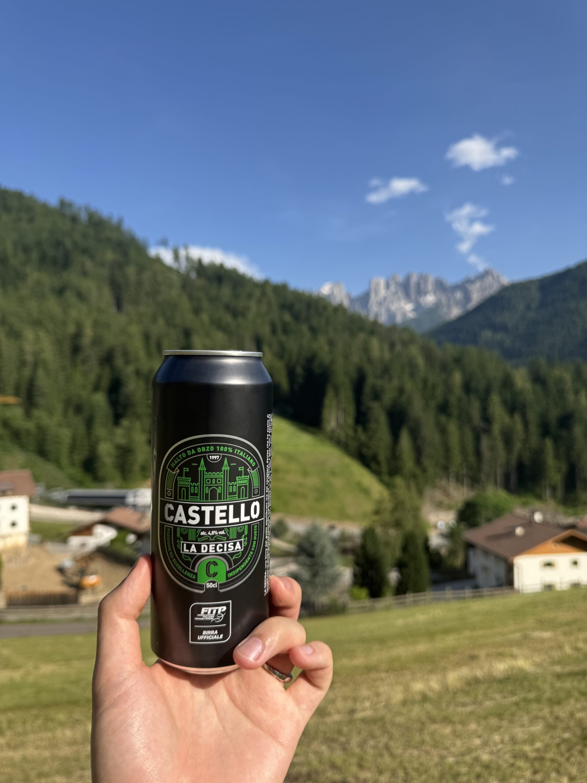 山をバックにビールで乾杯