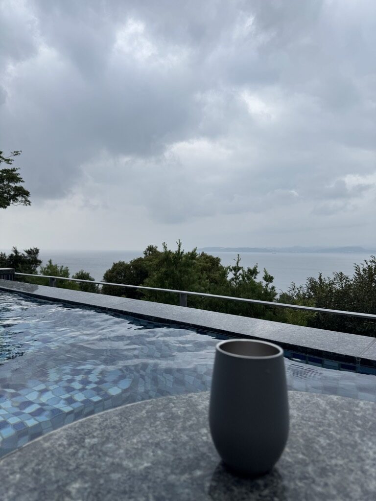 プー露のふちに置いた湯呑みと海の景色